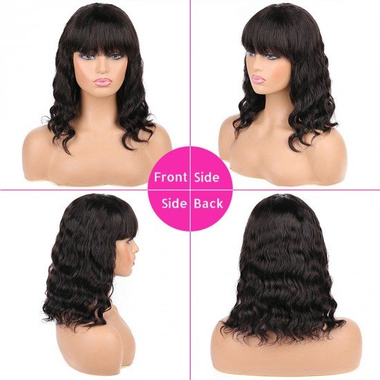 Bob Wigs with Bangs Body Wave Human Hair Wavy Bob Wigs None Lace Front 130% Density Guless Machine Made Wigs Natural Color For Women Bob Wigs with Bangs Body Wave Human Hair Wavy Bob Wigs None Lace Front 130% Density Guless Machine Made Wigs Natural Color For Women