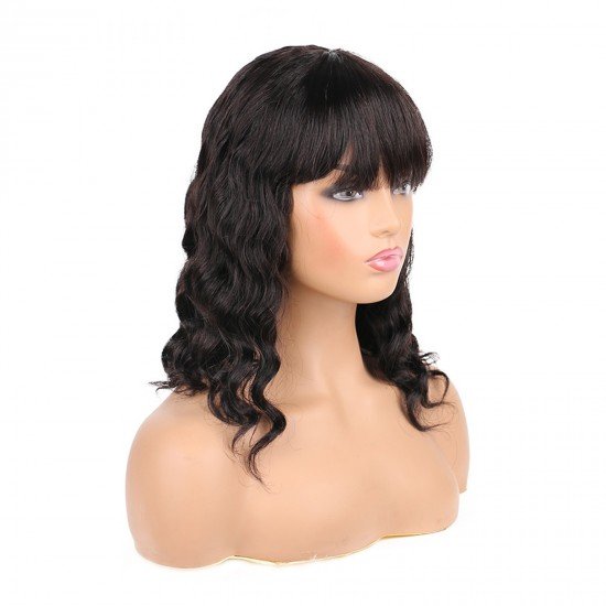 Bob Wigs with Bangs Body Wave Human Hair Wavy Bob Wigs None Lace Front 130% Density Guless Machine Made Wigs Natural Color For Women