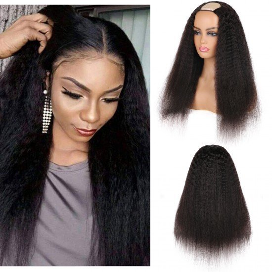 20 Inch U Part Wigs for Black Women Human Hair Kinky Straight Wig, Half Wig 2x4 U Shape Clip in Glueless Human Hair Wigs Yaki Straight Natural Black