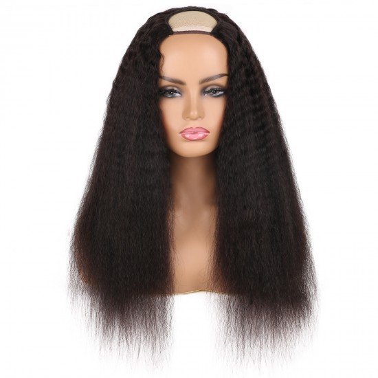 20 Inch U Part Wigs for Black Women Human Hair Kinky Straight Wig, Half Wig 2x4 U Shape Clip in Glueless Human Hair Wigs Yaki Straight Natural Black