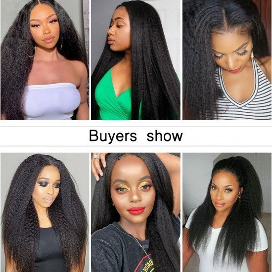 U Part Kinky Straight Wig Human Hair,Yaki Straight 24 inch U Shape Human Hair Wig for Black Women Brazilian Remy Hair Clip in Glueless Half Wig 150% Density Natural Color