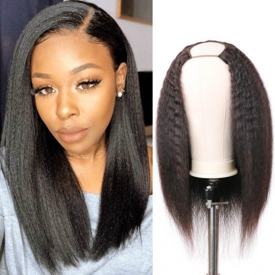 U Part Wig Kinky Straight -2x4 Centre Part Human Hair Wig 150% Density 10A Grade Brazilian Hair Glueless Half Wig Natural Color (18 inch Yaki Straight) U Part Wig Kinky Straight -2x4 Centre Part Human Hair Wig 150% Density 10A Grade Brazilian Hair Glueless Half Wig Natural Color (18 inch Yaki Straight)