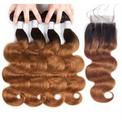 Ombre Color Brazilian Body Wave Human Hair Bundles with Lace Closure Non Remy Hair Weave 4 Bundles with Closure