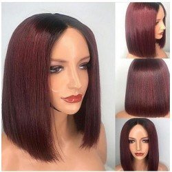 Ombre burgundy human hair bob wigs - straight