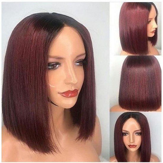 Ombre burgundy human hair bob wigs - straight