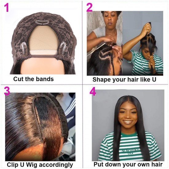 U Part Wig Kinky Straight Human Hair Wigs for Black Women Half Wig 2x4 inch U Shape Clip in Wigs Yaki Straight Wig Brazilian Hair Wig 150% Density Natural Black Color