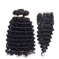 100% Remy Human Hair 3 Bundles With Closure 4x4 Lace Closure Nature Color - Deep Wave 100% Remy Human Hair 3 Bundles With Closure 4x4 Lace Closure Nature Color - Deep Wave
