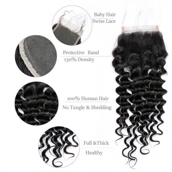 100% Remy Human Hair 3 Bundles With Closure 4x4 Lace Closure Nature Color - Deep Wave