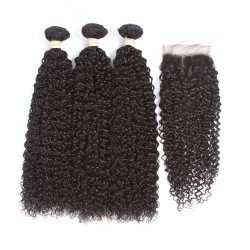 100% Remy Human Hair 3 Bundles With Closure 4x4 Lace Closure Nature Color - Kinky Curly 100% Remy Human Hair 3 Bundles With Closure 4x4 Lace Closure Nature Color - Kinky Curly