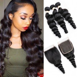 100% Remy Hair Human Hair 3 Bundles With Closure 4x4 Lace Closure Nature Color - Loose Wave 100% Remy Hair Human Hair 3 Bundles With Closure 4x4 Lace Closure Nature Color - Loose Wave