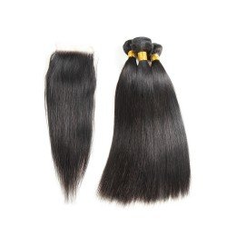 100% Remy Human Hair 3 Bundles With Closure 4x4 Lace Closure Nature Color - Silky Straight 100% Remy Human Hair 3 Bundles With Closure 4x4 Lace Closure Nature Color - Silky Straight