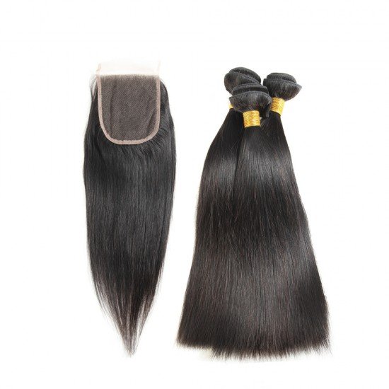 100% Remy Human Hair 3 Bundles With Closure 4x4 Lace Closure Nature Color - Silky Straight