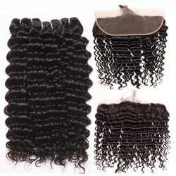 Brazilian Virgin Hair Deep Wave 100% Human Hair 3 Bundles With Frontal Natural Color 14''-22''
