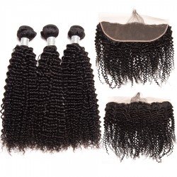 Brazilian Virgin Hair Kinky Curl 100% Human Hair 3 Bundles With Frontal Natural Color