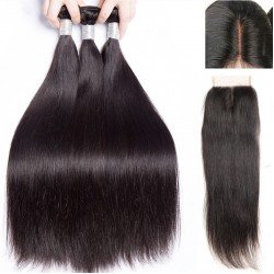 Brazilian Virgin Hair 3 Bundles With Lace Closure - Silky Straight
