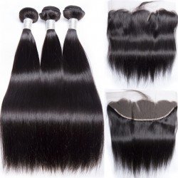 Brazilian Virgin Hair 3 Bundles With Lace Frontal- Silky Straight