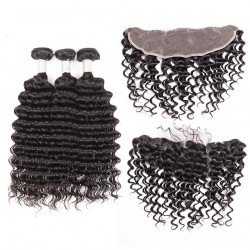 Brazilian Virgin Hair 3 Bundles With Lace Frontal - Deep Wave