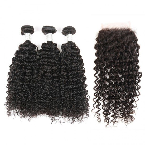 Brazilian Virgin Hair 3 Bundles With Lace Closure - Jerry Curl