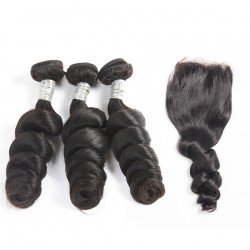 Brazilian Virgin Hair 3 Bundles With Lace Closure - Loose Wave 14''-18''