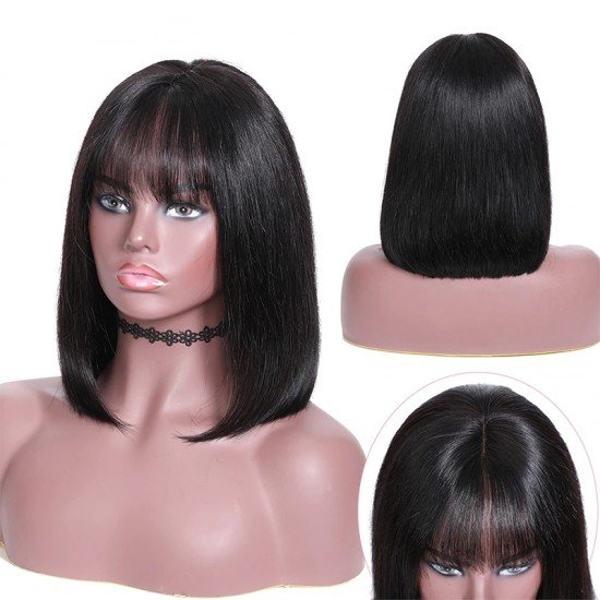 Bob Wigs with Bangs Human Hair Brazilian Remy Straiht Hair 150% Density Natural Black Color