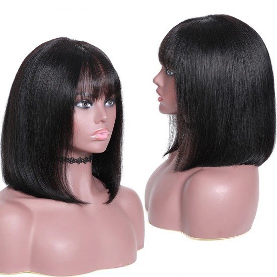 Bob Wigs with Bangs Human Hair Brazilian Remy Straiht Hair 150% Density Natural Black Color